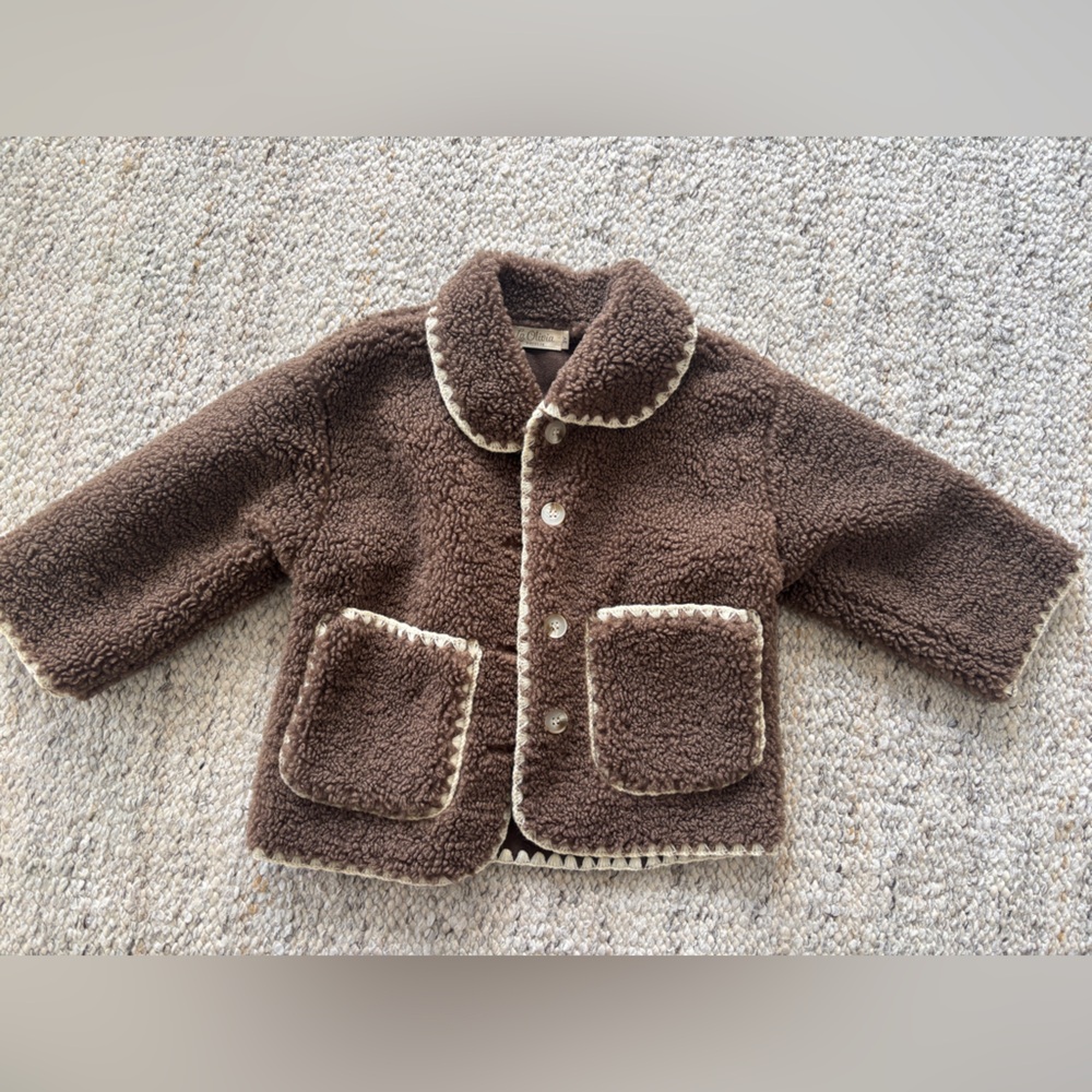 Kids Brown Sherpa Button-Up Coat with Contrast Trim